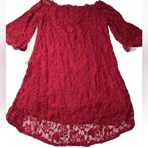 RED all LACE DRESS Flowy wide neck Lined 3/4 Sleeves Formal Knee Length M Large